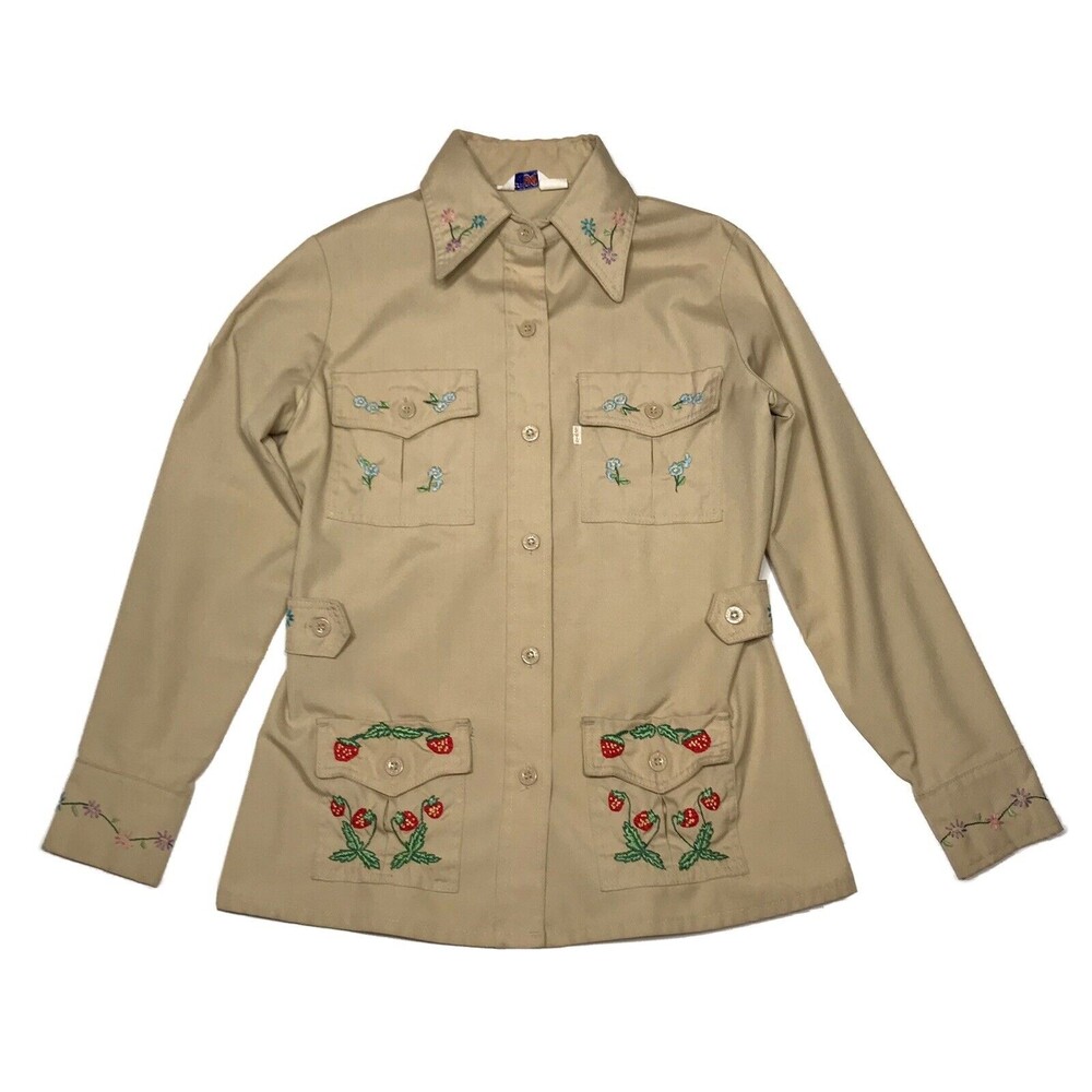 Vintage 70s Levis Womens Embroidered Floral Shirt Jacket Size M Khaki